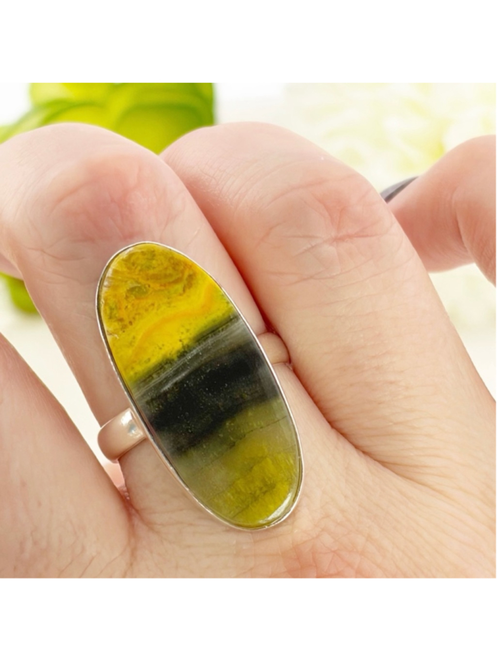 Sterling Silver 925 Bumblebee Jasper Long Ring Size 9 1/4 Boho Southwest